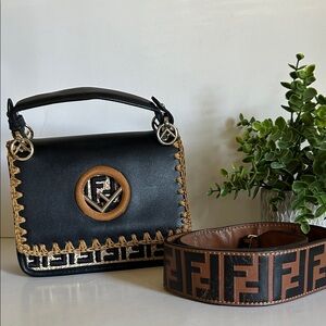 Black and Brown Shoulder Bag with Gold Accents